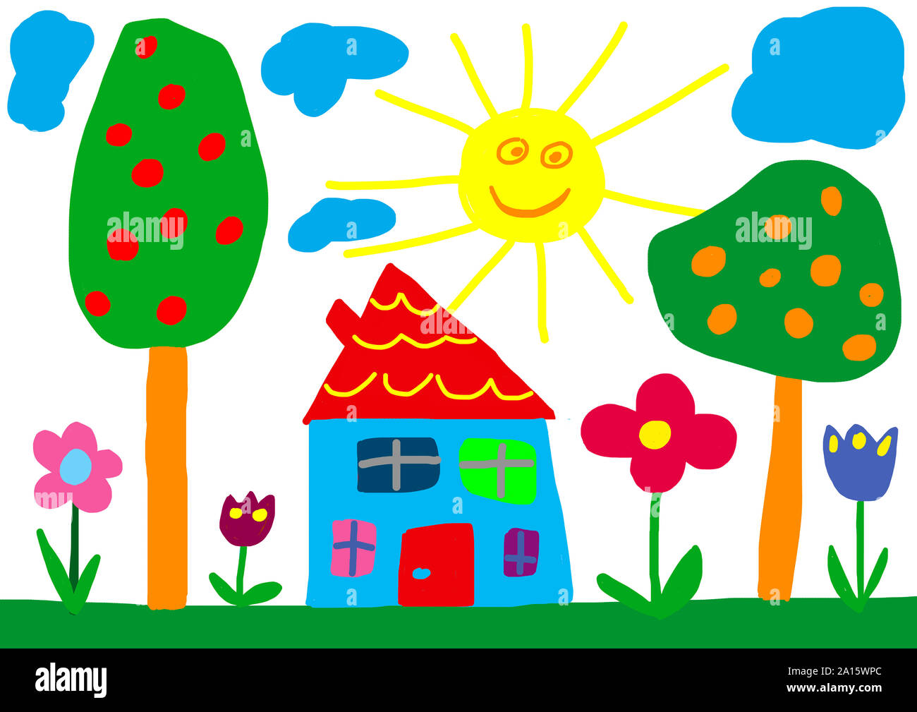 Zeichnung des Kindes, Sonne, Haus und Garten. Stockfoto