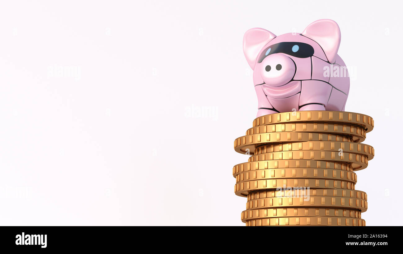 Rendering von Pink robot Sparschwein auf Stapel von Münzen Stockfoto