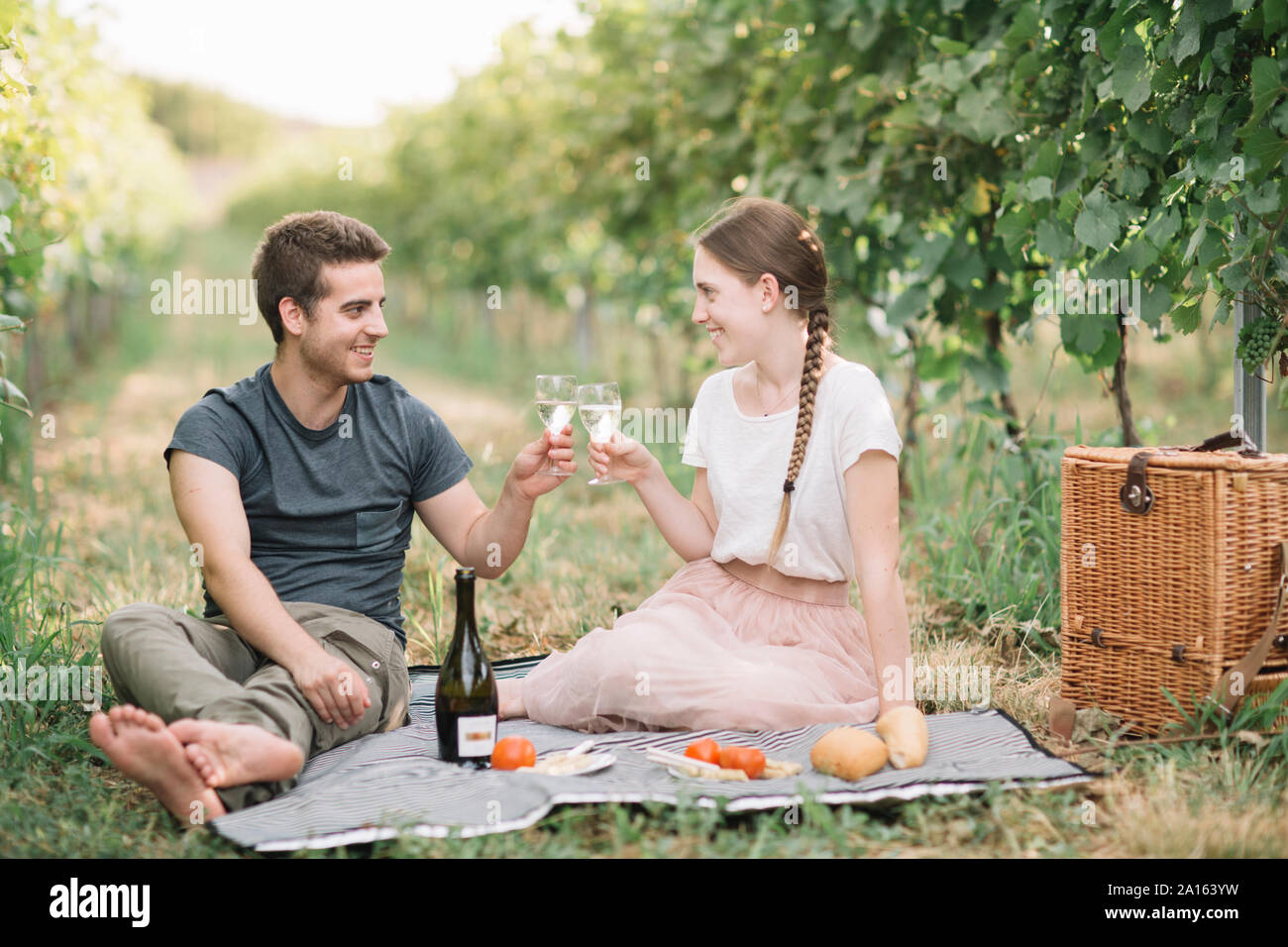 Glückliches junges Paar mit Picknick in den Weinbergen, Toasten mit Prosecco Stockfoto