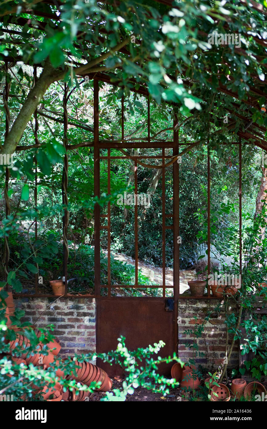 Abgebrochene rusty Gewächshaus im Garten für den Sommer Saison Stockfoto