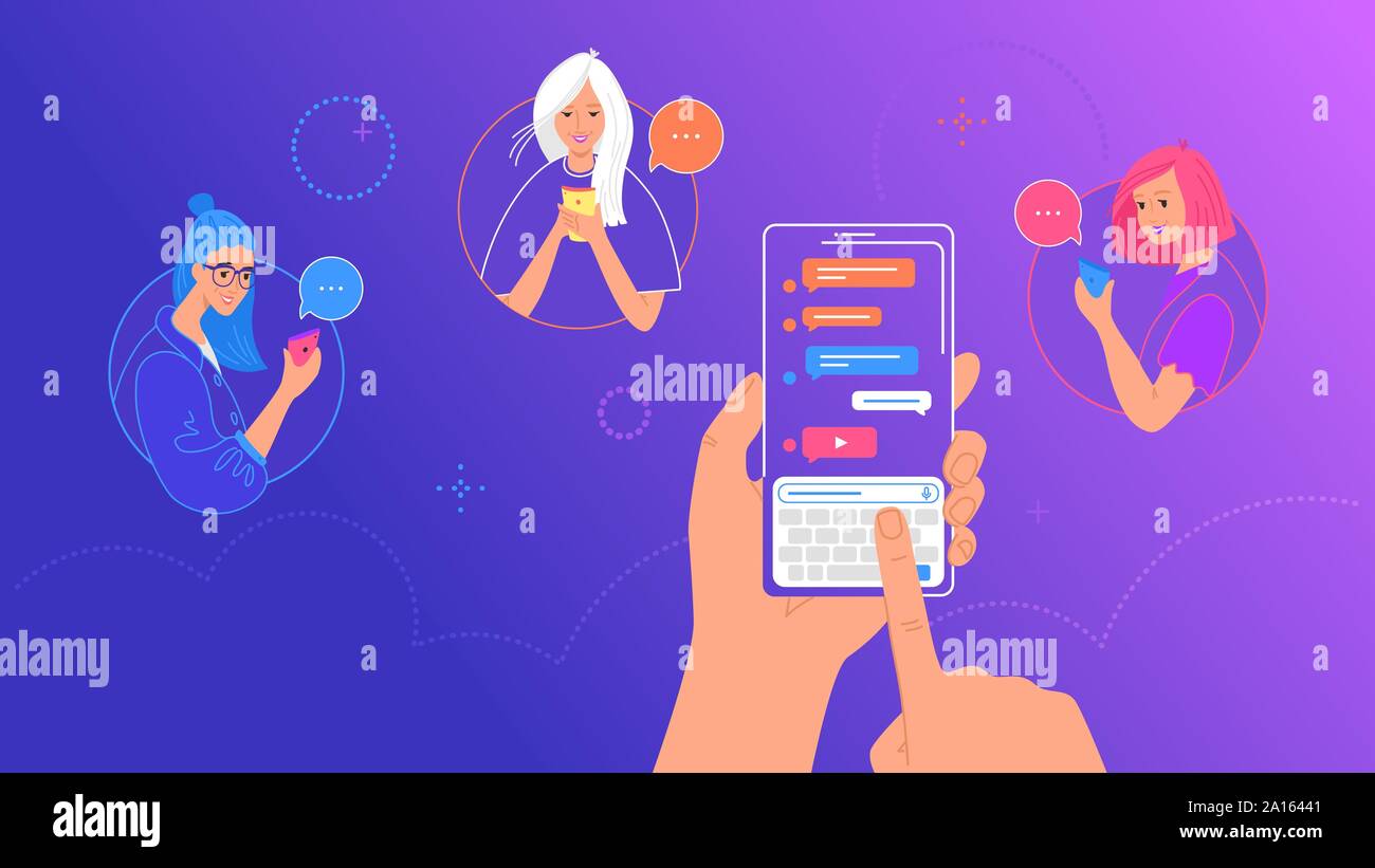 Die menschliche Hand hält smart phone mit Messenger app und Tastatur auf dem Bildschirm. Gradient Vector Illustration von Menschen über Mobile Smartphone SMS-Nachricht Stock Vektor