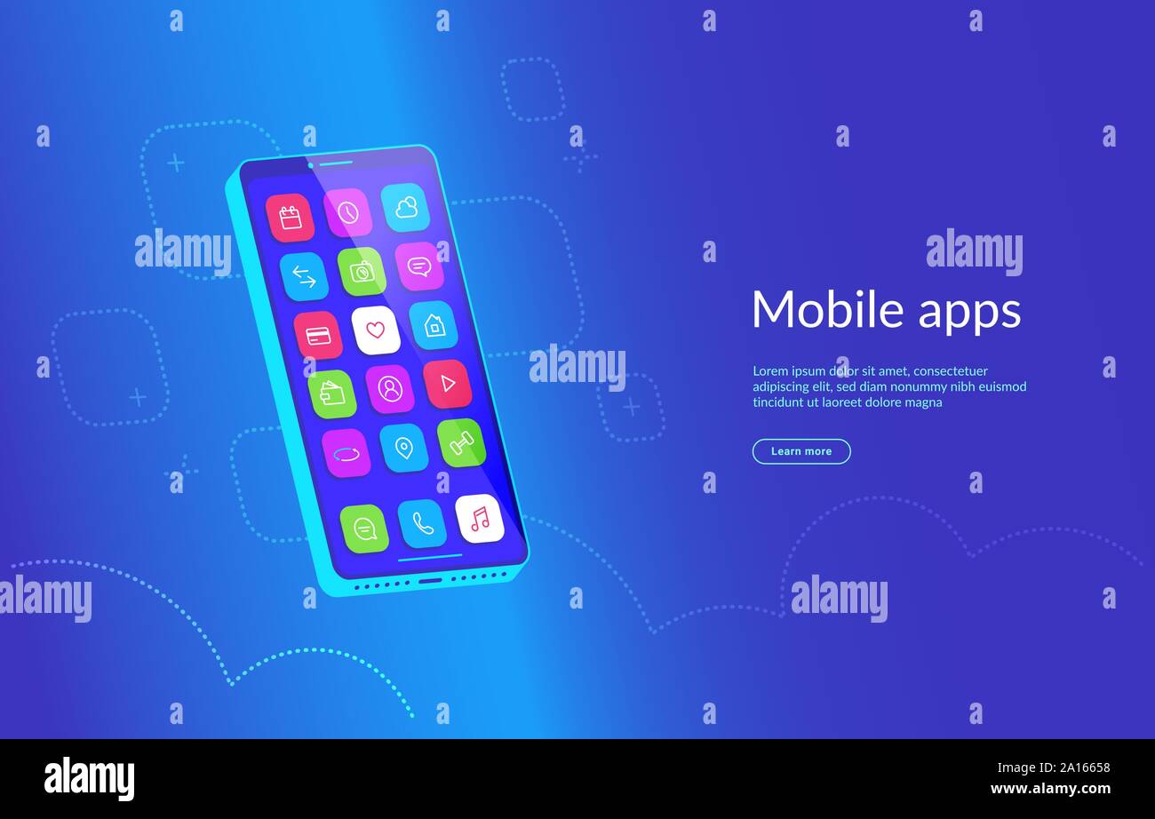 Isometrische Smartphone mit verschiedenen Anwendungen auf dem Bildschirm. Mobile Apps Symbole für soziale Medien, Nachrichten und Anrufe, Karten, Wetter und Smart Home. Gr Stock Vektor