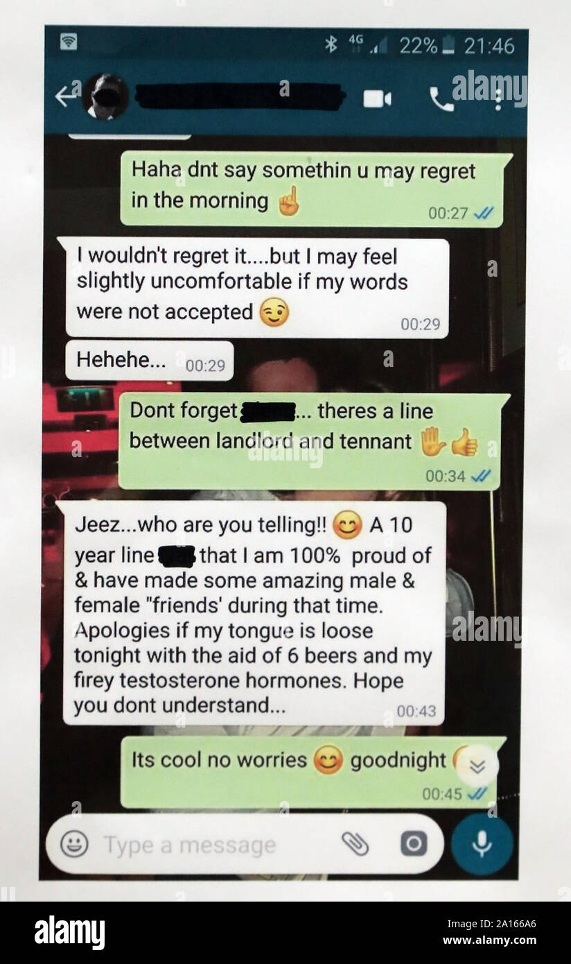 Screenshots von Whatsapp Chat zwischen Vermieter und Mieter auf der Pressekonferenz heute um Buswells Hotel in Dublin. Stockfoto