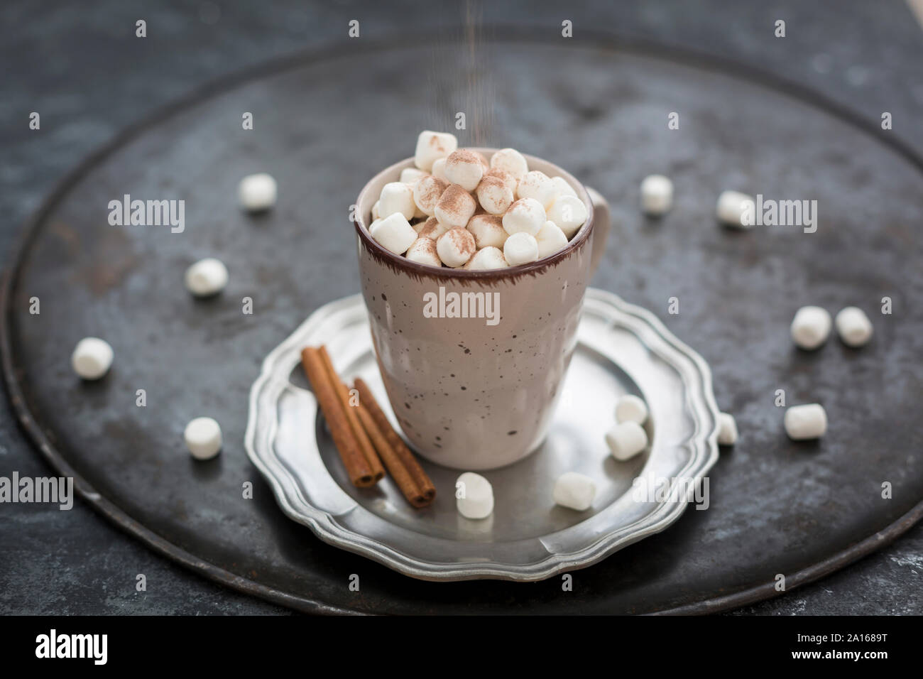 Prise Kakaopulver auf Tasse heiße Schokolade mit Marshmallows
