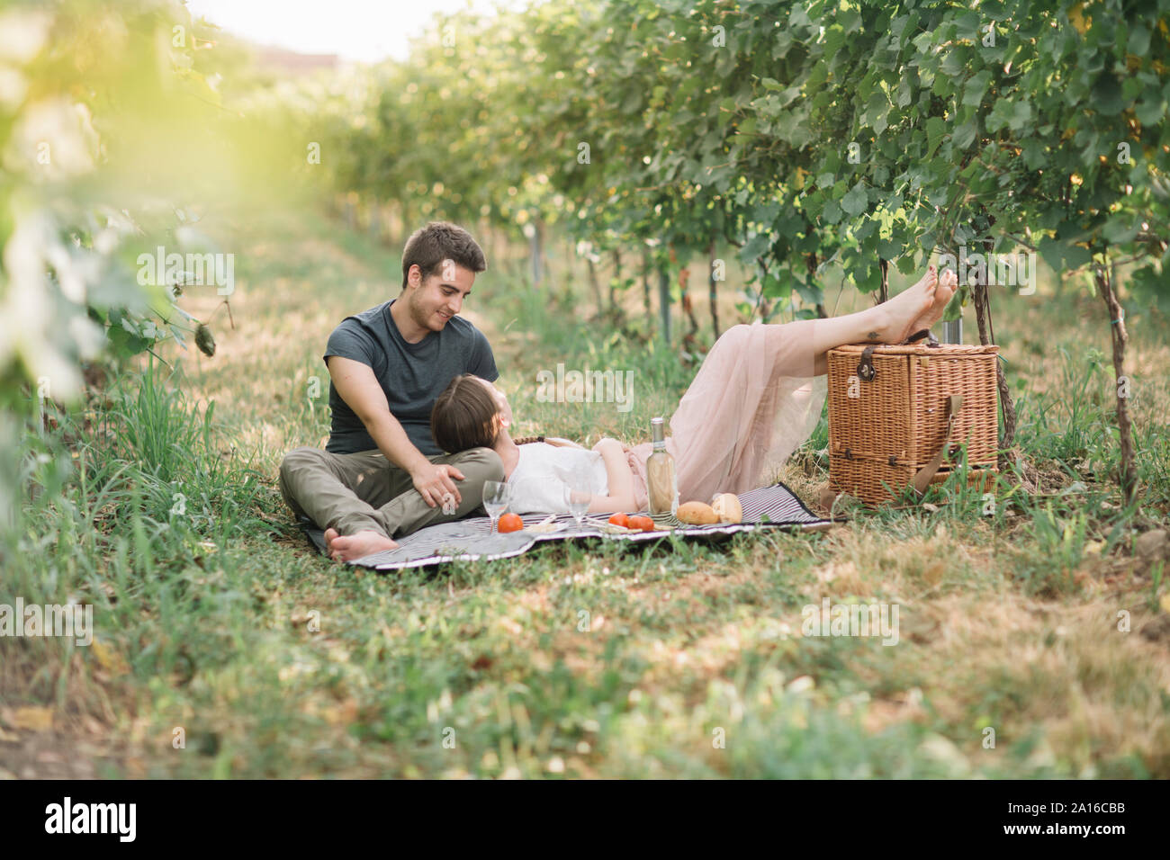 Junges Paar in Liebe mit Picknick in den Weinbergen Stockfoto