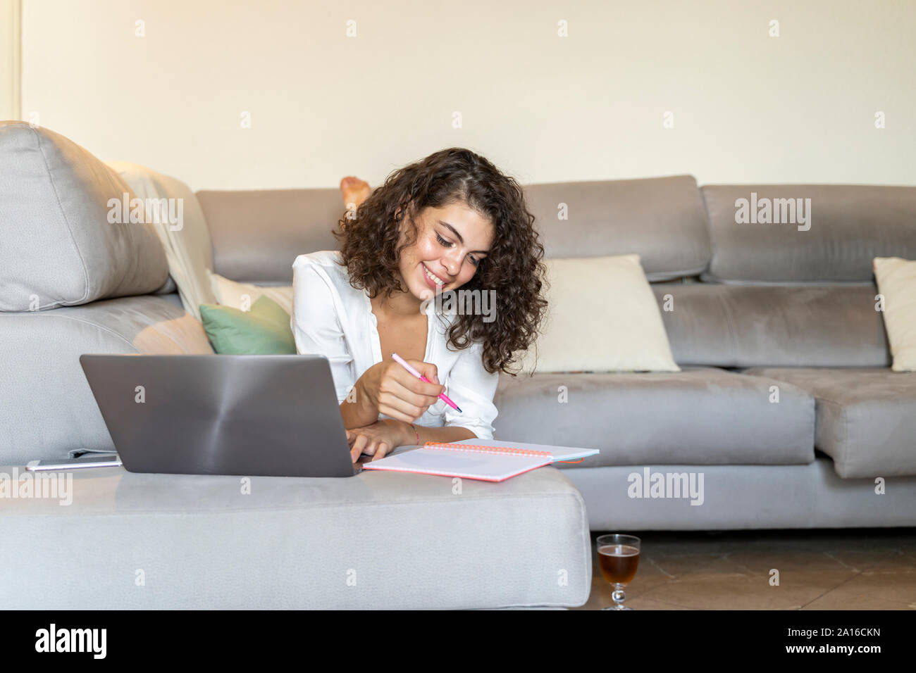 Lächelnden jungen Frau, die sich Notizen machen und mit Laptop auf der Couch zu Hause Stockfoto
