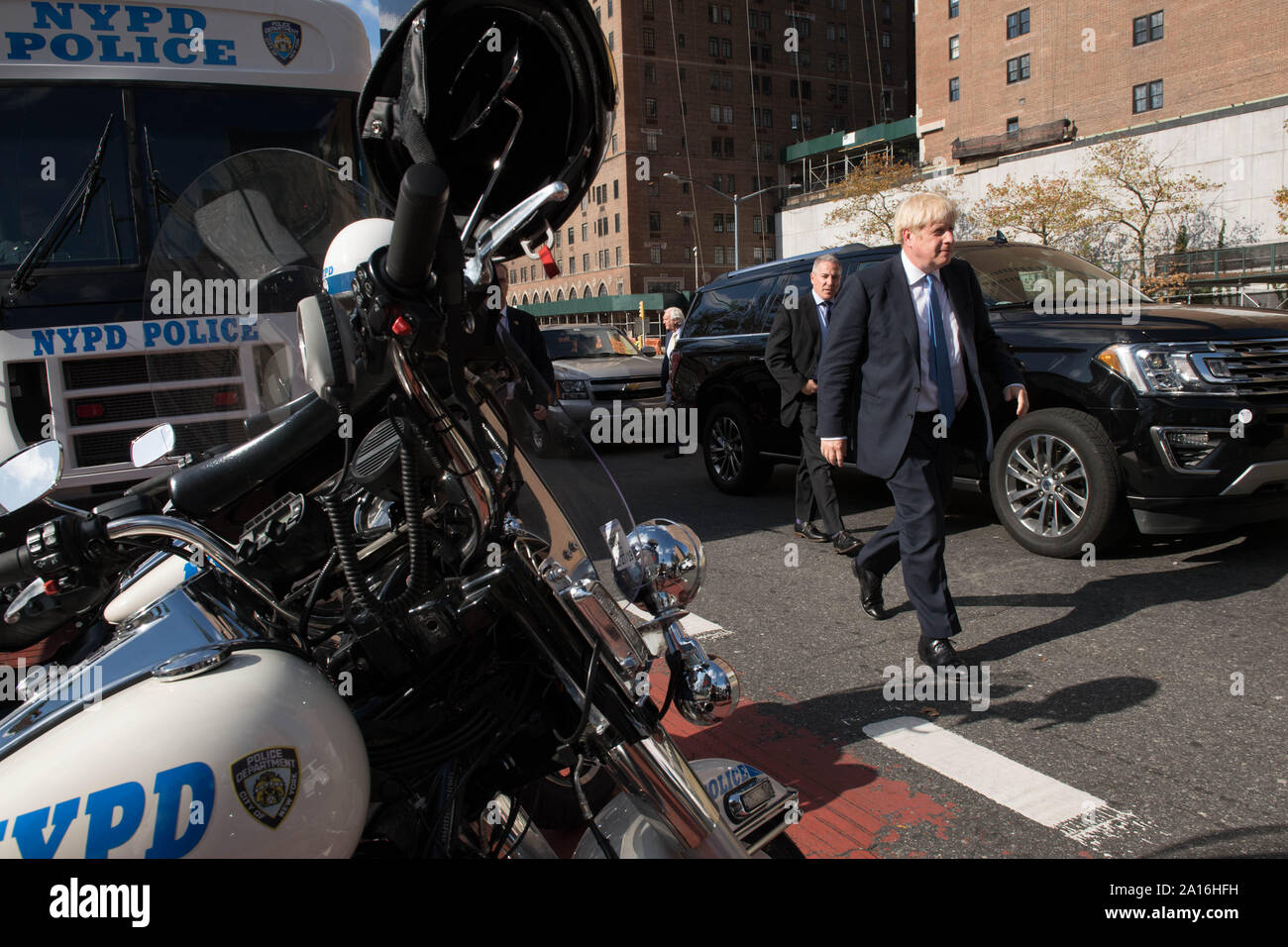 Premierminister Boris Johnson kommt an den Sitz der Vereinten Nationen in New York, wo er an der 74. Tagung der Generalversammlung der Vereinten Nationen ist. Stockfoto