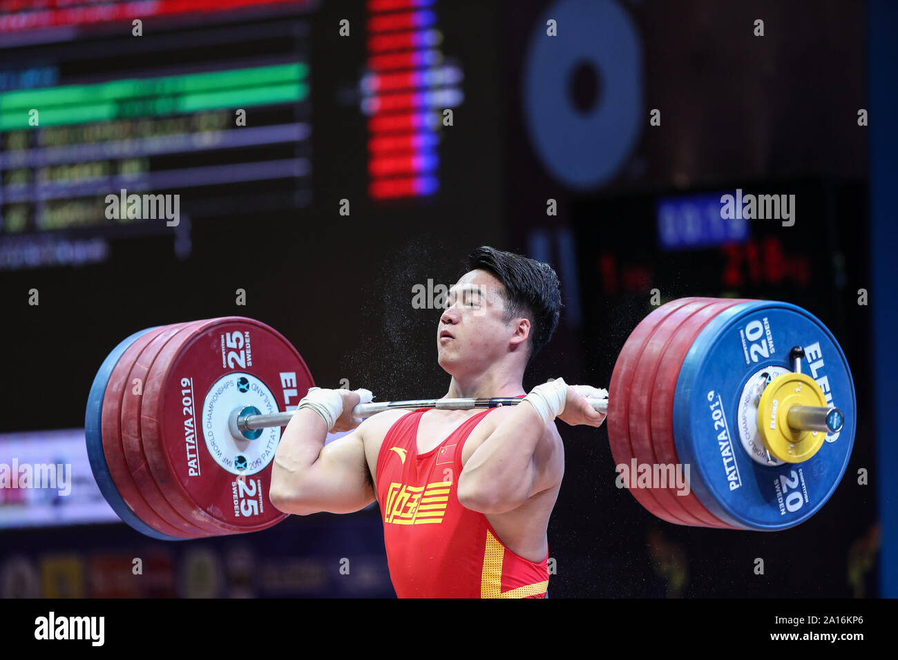 (190924) - Pattaya, Sept. 24, 2019 (Xinhua) - Tian Tao China konkurriert bei den Männern gewichtheben 96 kg bei den Weltmeisterschaften im Gewichtheben 2019 Pattaya, Thailand, Sept. 24, 2019 statt. (Xinhua / Zhang Keren) Stockfoto