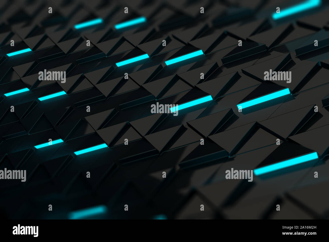 3D-Illustration Rendering. Abstrakte Konzept Tech Wallpaper mit 3D-Elementen mit LED-Licht aufgeht. Tiefe des Feldes, Bokeh, Glas Reflexionen, Futuristi. Stockfoto