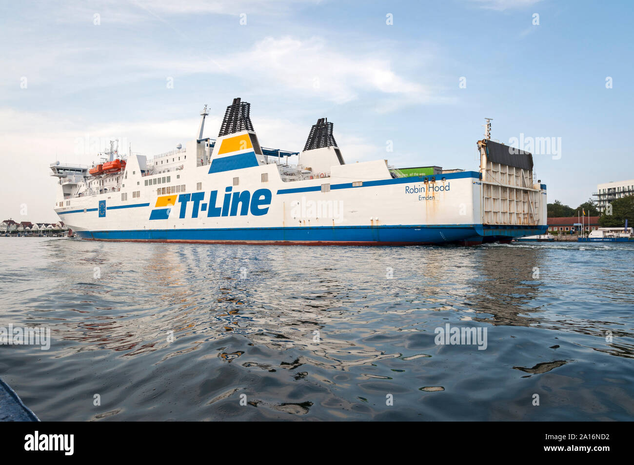 TT-Line Autofähre 'Robin Hood' Ankunft in Travemünde an der Ostsee, Deutschland. Stockfoto