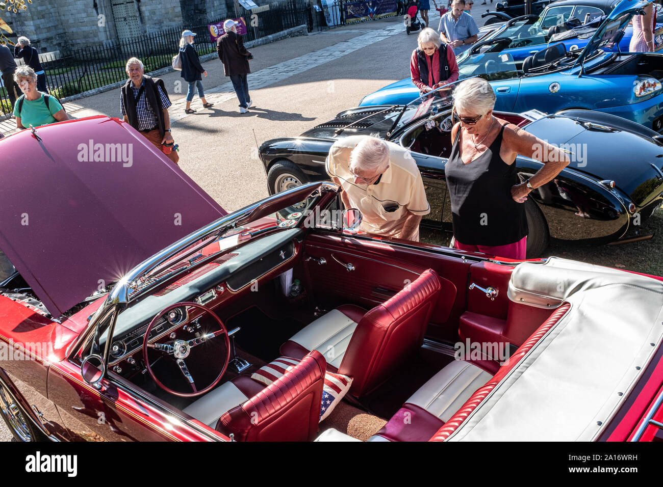 Die Leute, die auf der Suche nach Klassiker auf Anzeige außerhalb Winchester Cathedral, Winchester, Großbritannien Stockfoto