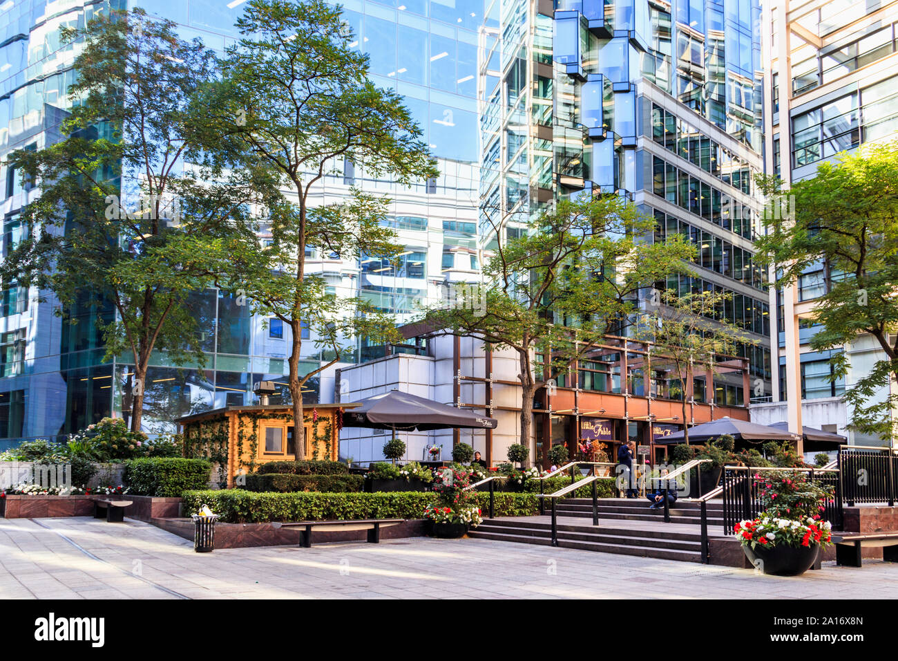Bäume spiegeln sich in den verspiegelten Fenstern von Bürogebäuden und Einzelhandelsgeschäften in der Fußgängerzone des Fleet Place in der City of London, Großbritannien Stockfoto