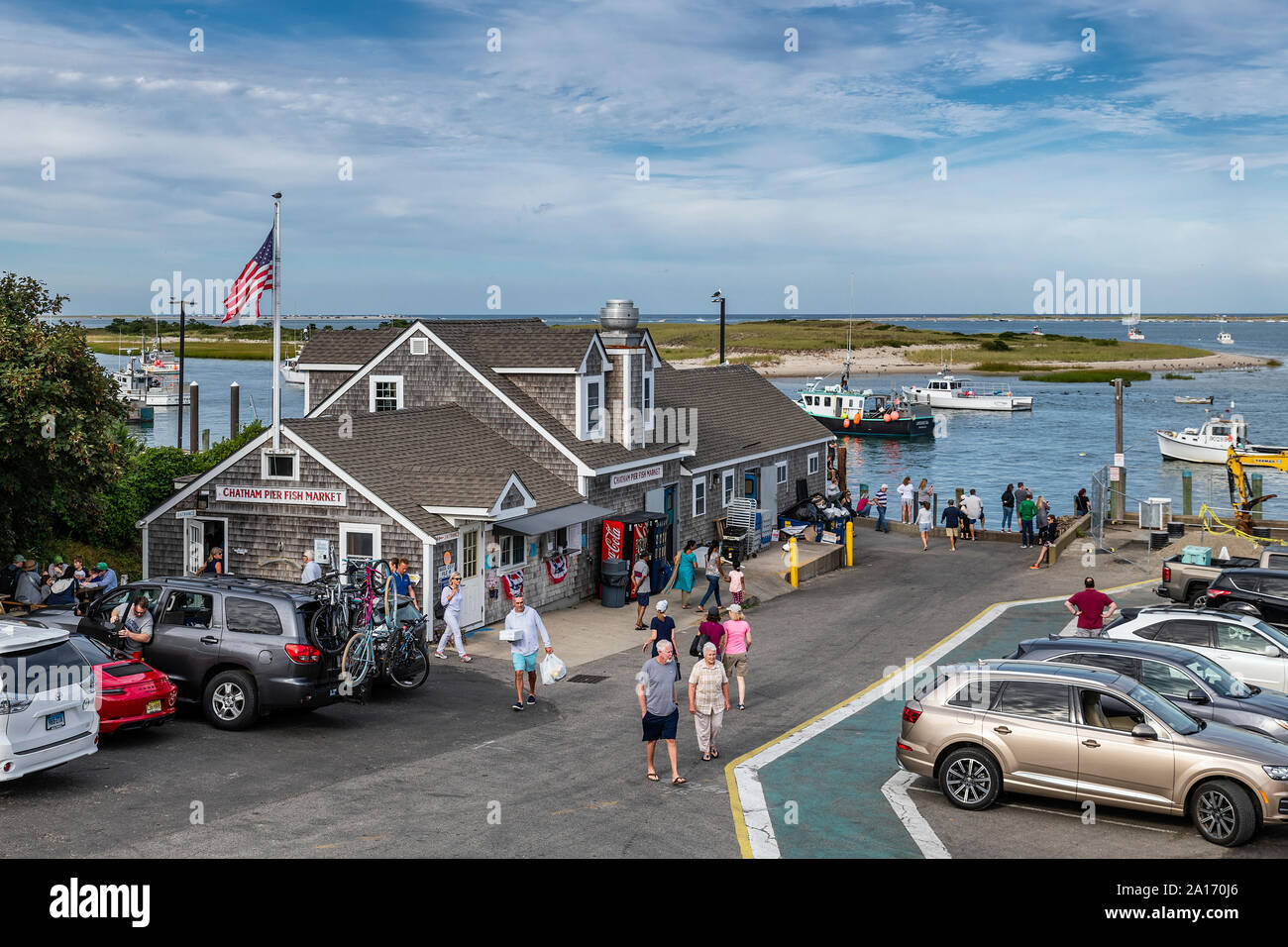 Chatham Pier Fischmarkt, Chatham, Cape Cod, Massachusetts, USA. Stockfoto