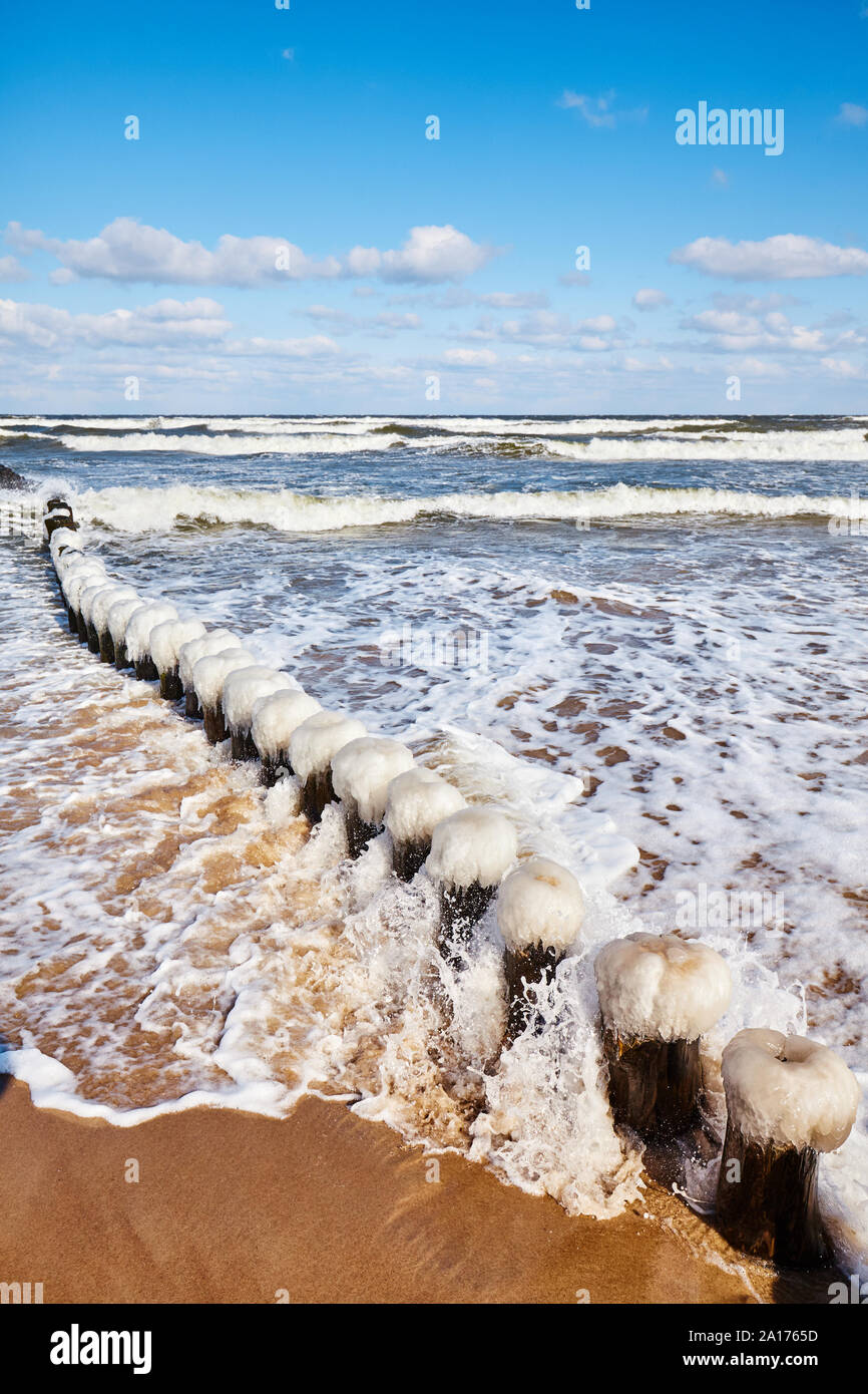 Strand mit einem eisigen Holz- wellenbrecher an einem sonnigen Tag. Stockfoto