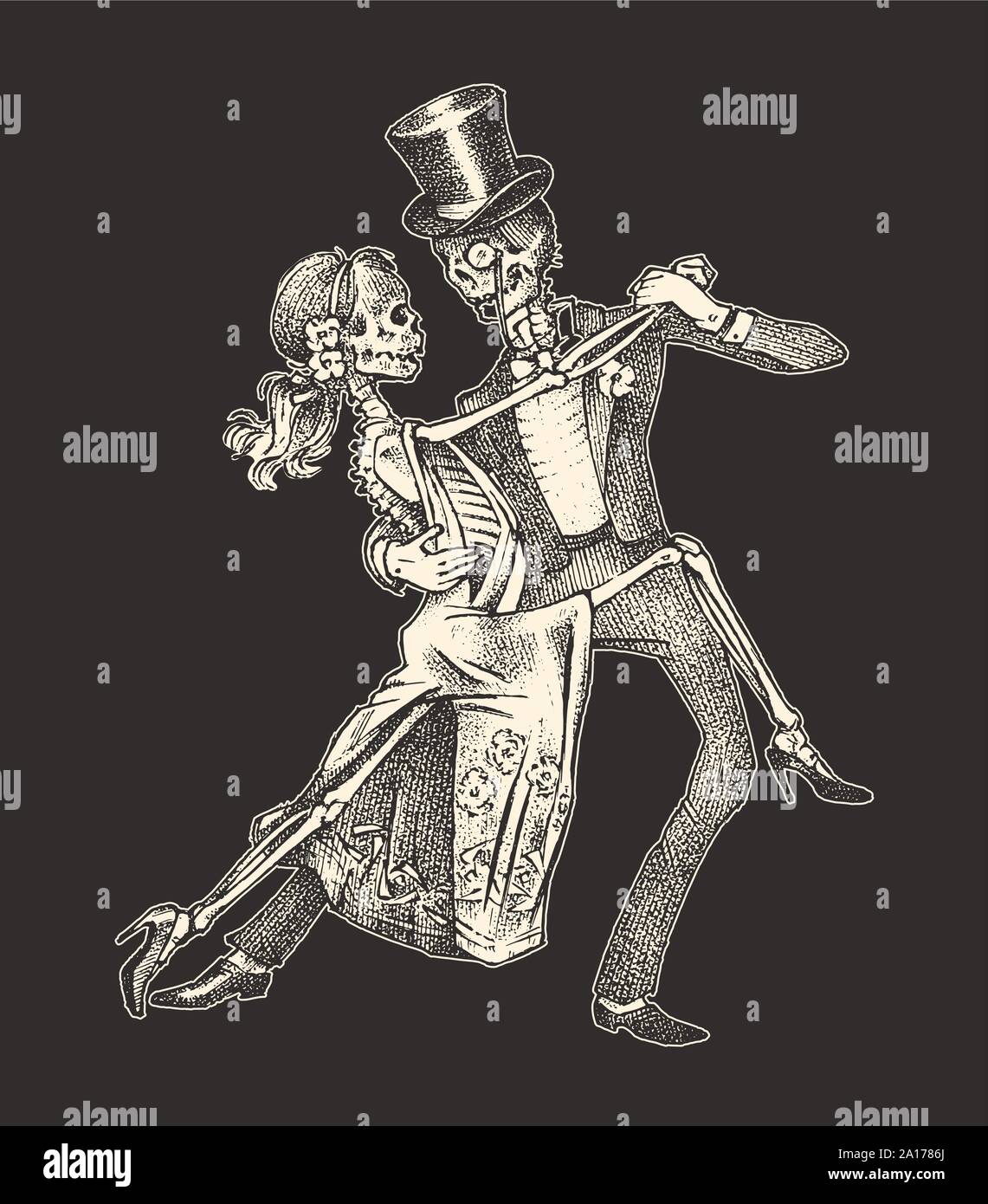 Tanzende Skelette. Halloween banner Vorlage. Tag der Toten. Hand graviert Skizze für Tattoo, t-shirt oder Logo. Stock Vektor