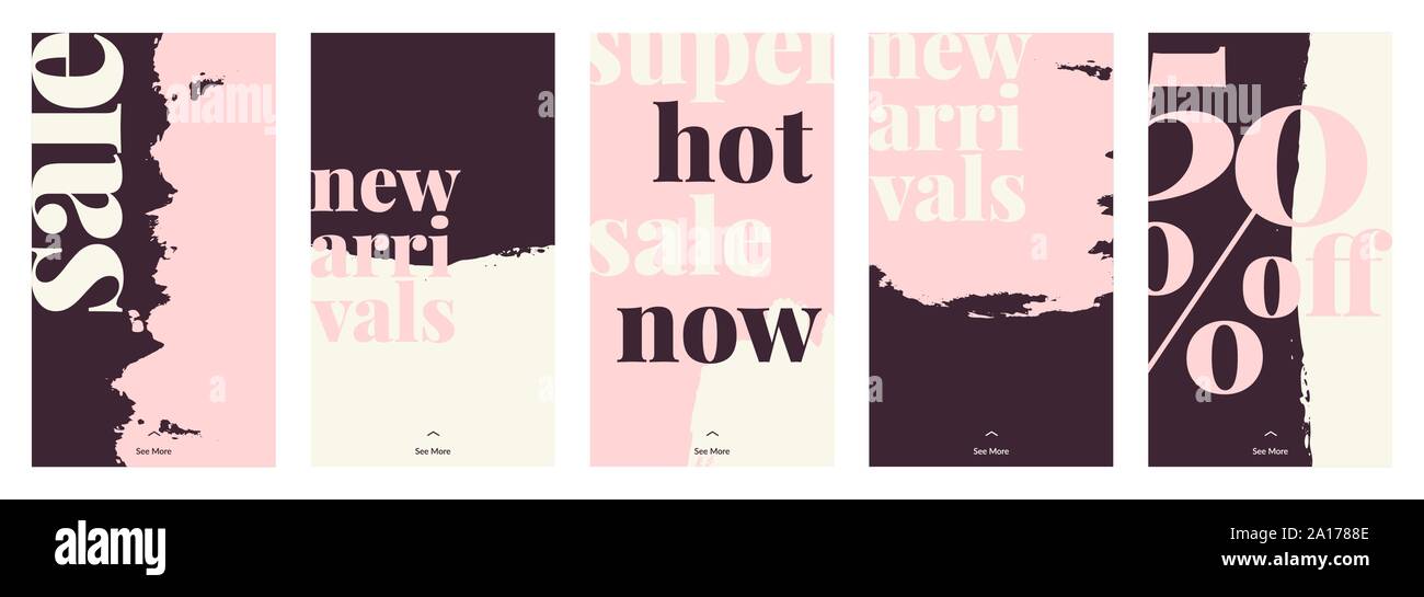 Ein Satz von fünf Geschichten Vorlagen mit handbemalten abstrakte Pinselstriche und fetter Text in Schwarz, Pastell rosa und creme. Trendy zeitgenössische Collage st Stock Vektor
