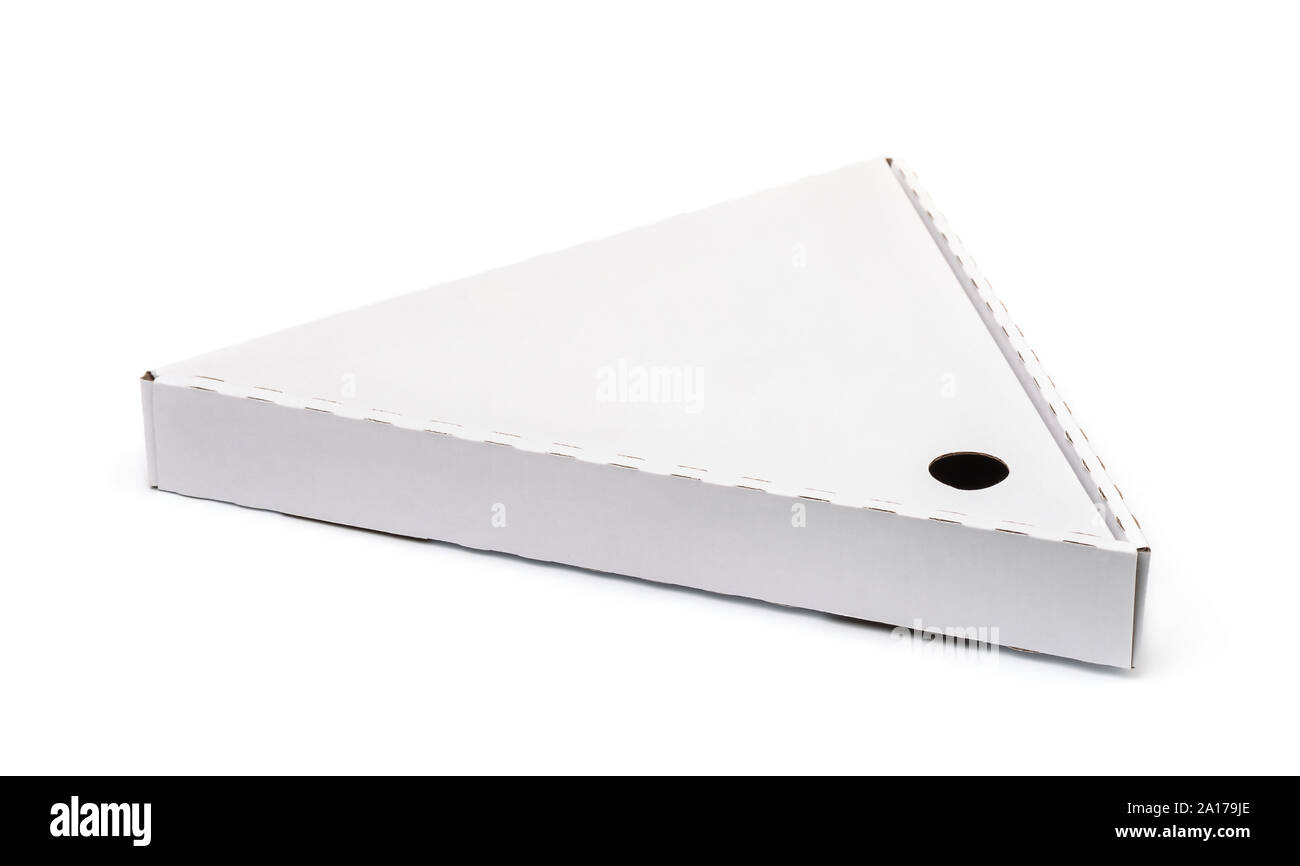 Leeres Dreieck Verpackung slice pizza box isoliert auf weißem Stockfoto