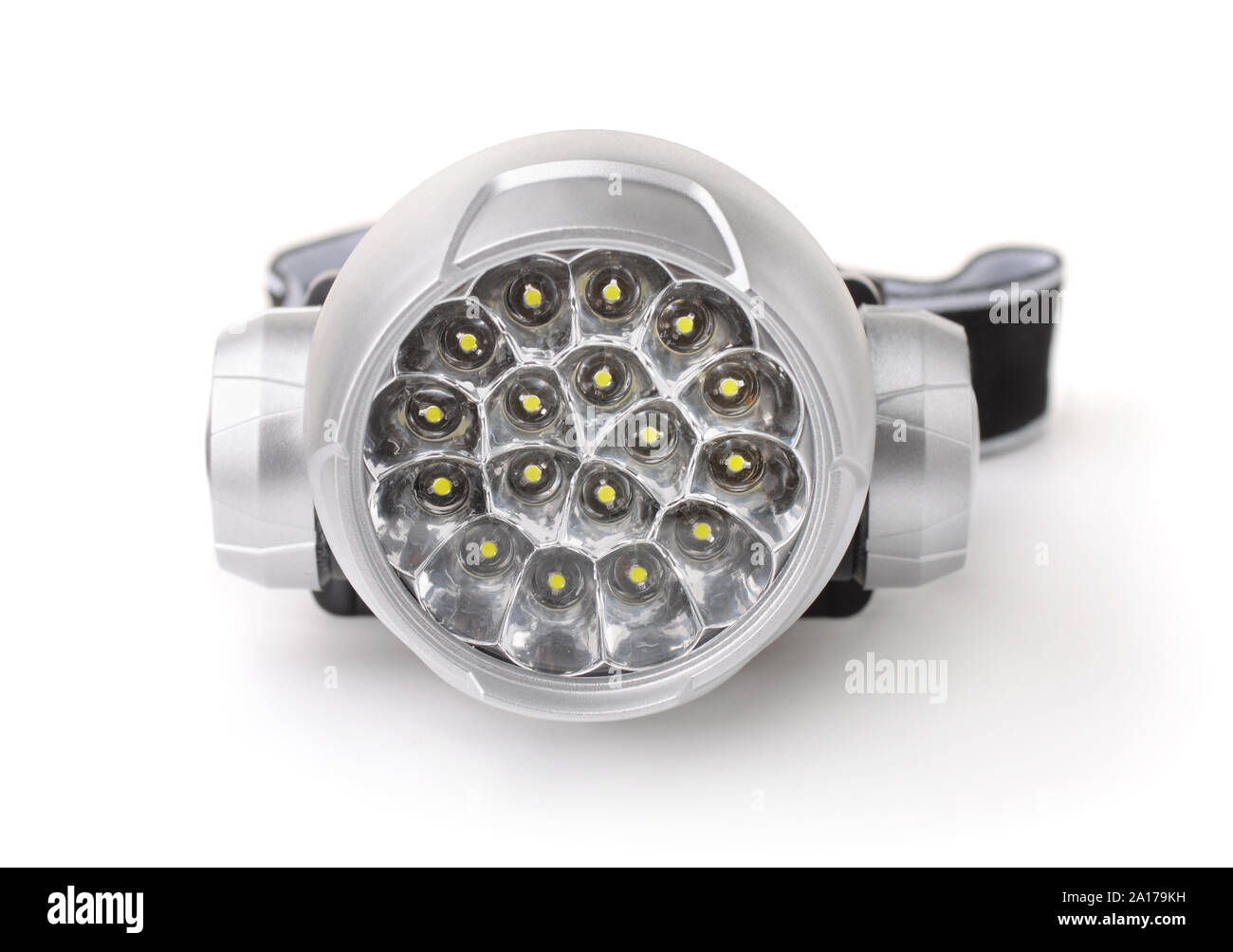 Vorderansicht des LED-Stirnlampe isoliert auf weißem Stockfoto