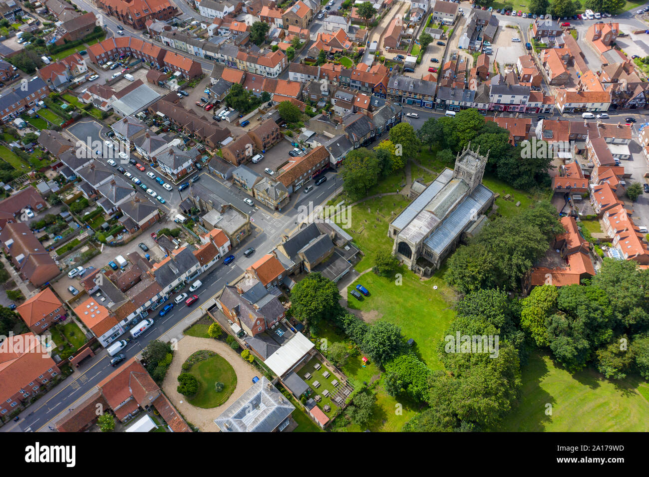 Luftaufnahme von Gebäuden und die blosse in der Küstenstadt Hornsea im Sommer 2019 Stockfoto