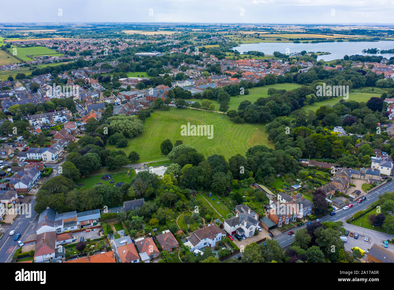 Luftaufnahme von Gebäuden und die blosse in der Küstenstadt Hornsea im Sommer 2019 Stockfoto