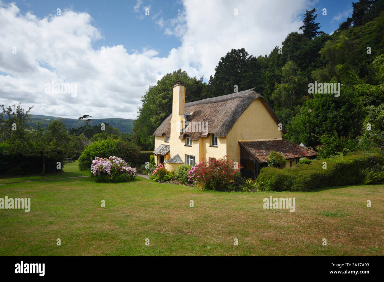 Reetdachhaus in Selworthy Dorf. Exmoor National Park. Somerset. UK. Stockfoto