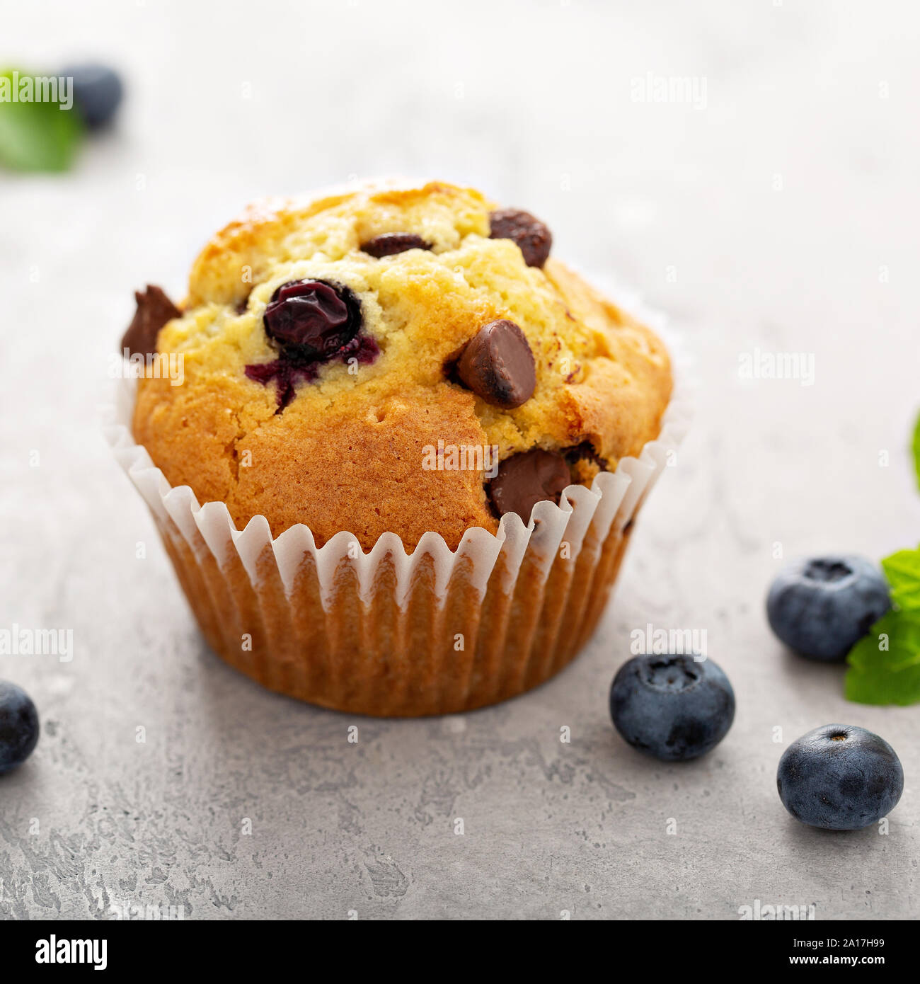 Chocolate Chip und blueberry muffins mit Milch Stockfoto