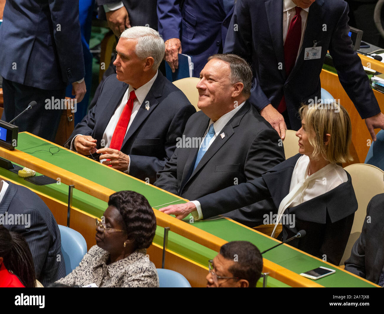 New York, NY - 24. September 2019: US-Vizepräsident Mike Pence, Generalsekretär Mike Pompeo, Botschafter Kelly Handwerk besuchen 74. Generalversammlung der Vereinten Nationen am UN-Hauptquartier Stockfoto