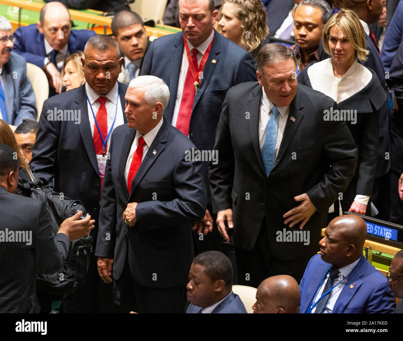 New York, NY - 24. September 2019: US-Vizepräsident Mike Pence, Generalsekretär Mike Pompeo, Botschafter Kelly Handwerk besuchen 74. Generalversammlung der Vereinten Nationen am UN-Hauptquartier Stockfoto
