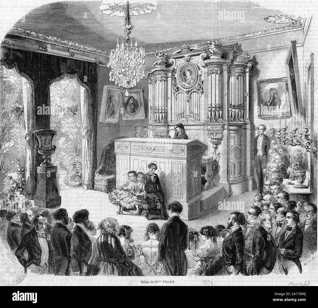 Pariser Salon von Pauline Viardot (1821-1910), französische Opernsängerin, Ca. 1853 Pauline Viardot (1821 - 1910) führende 19.-Jahrhundert französische Mezzosopranistin, Pädagoge und Komponist spanischer Abstammung. Stockfoto