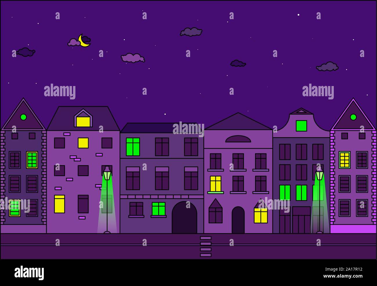 Stadt bei Nacht Vector Illustration. Alte Straße in der europäischen Stadt. Stock Vektor