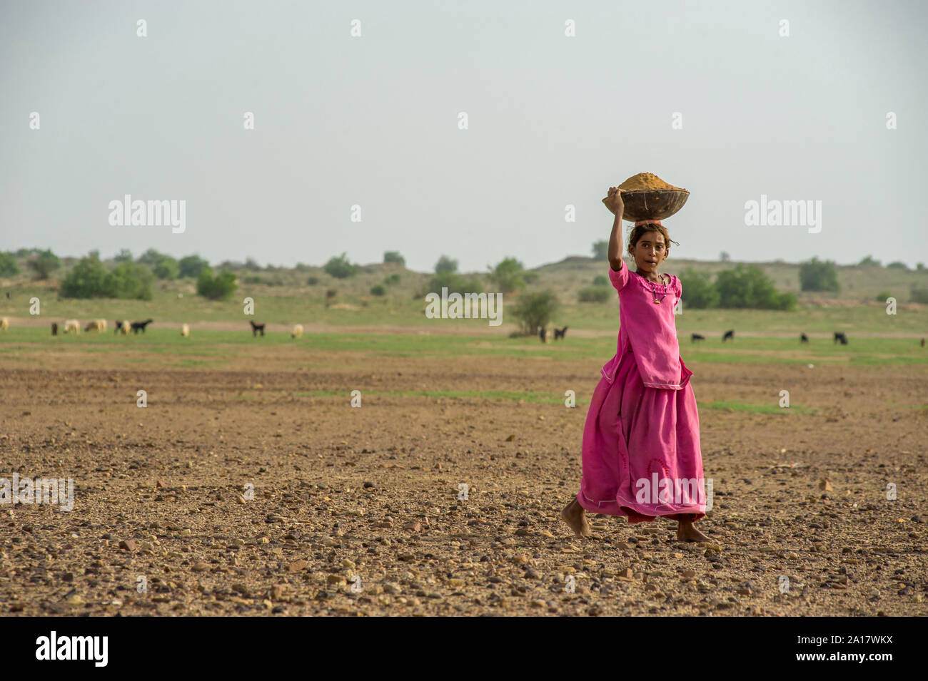 Cute Rajasthani Mädchen mit Sand im Kopf in den Wüstenhaft Feld Stockfoto