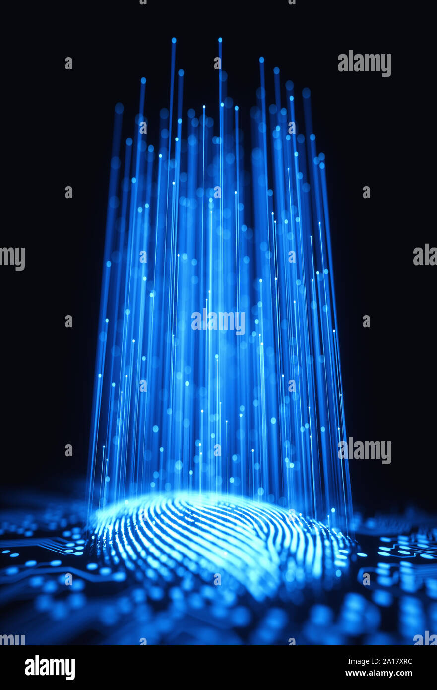 3D Illustration. Fingerabdruck in einer gedruckten Schaltung, Freigabe Binärcodes integriert. Stockfoto