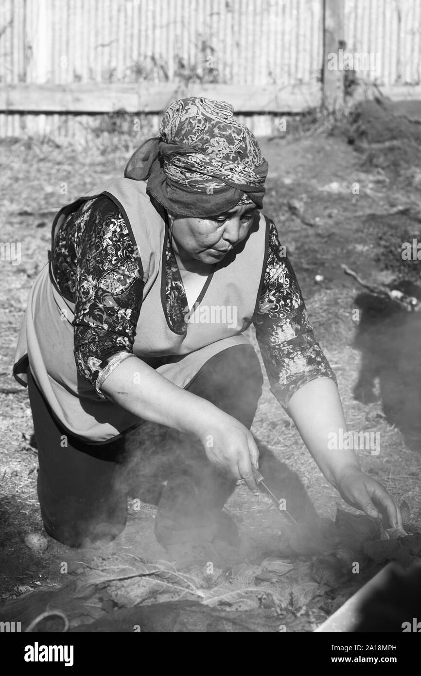 ACHAO, CHILE - Februar 6, 2016: Nicht identifizierte Frau Aufdecken der traditionellen Chilotan Gericht Curanto al Hoyo am Muestras Gastronomicas 2016 Stockfoto
