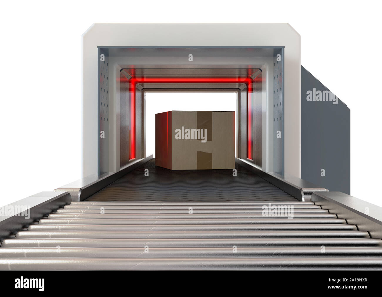 Ein Karton durch rote Ampeln geprüft wird, während sie durch ein Gepäck Scanner auf einem isolierten Hintergrund - 3D-Render gehen Stockfoto
