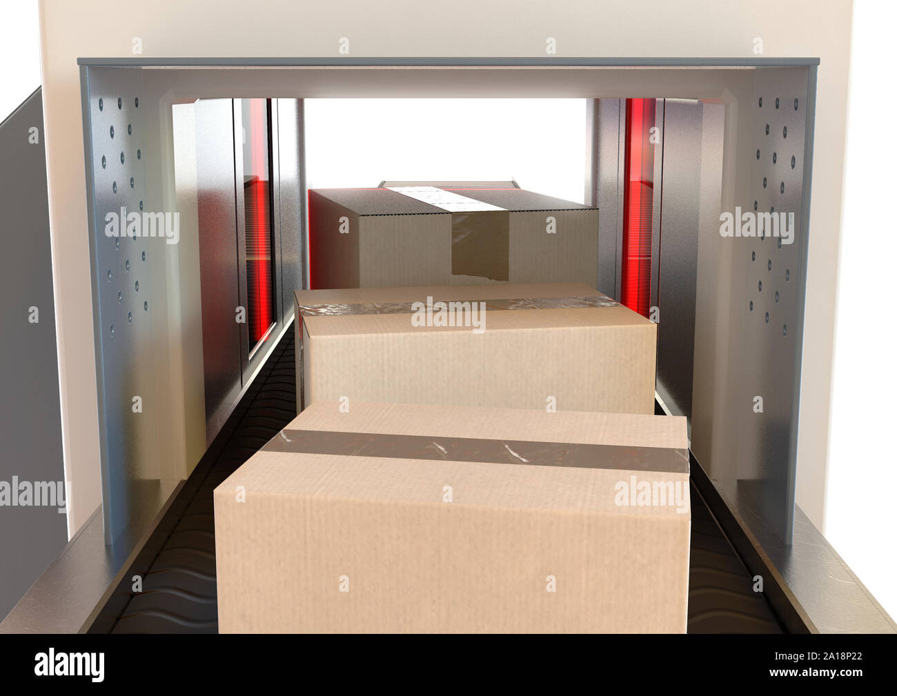 Ein Karton durch rote Ampeln geprüft wird, während sie durch ein Gepäck Scanner auf einem isolierten Hintergrund - 3D-Render gehen Stockfoto
