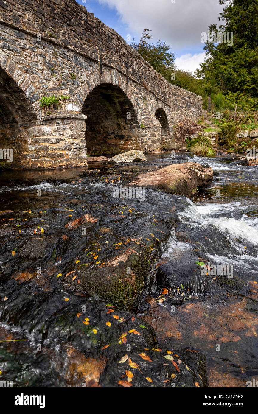 Steinbogenbrücke bei Postbridge in Dartmoor, Devon, England Stockfoto