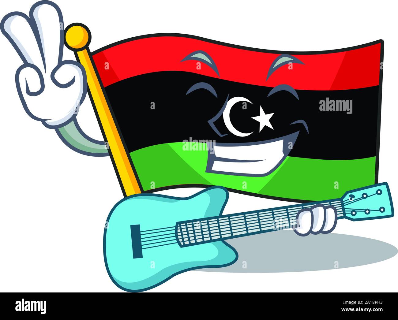 Mit Gitarre Flagge Libyen fliegt cartoon Pol Stock Vektor