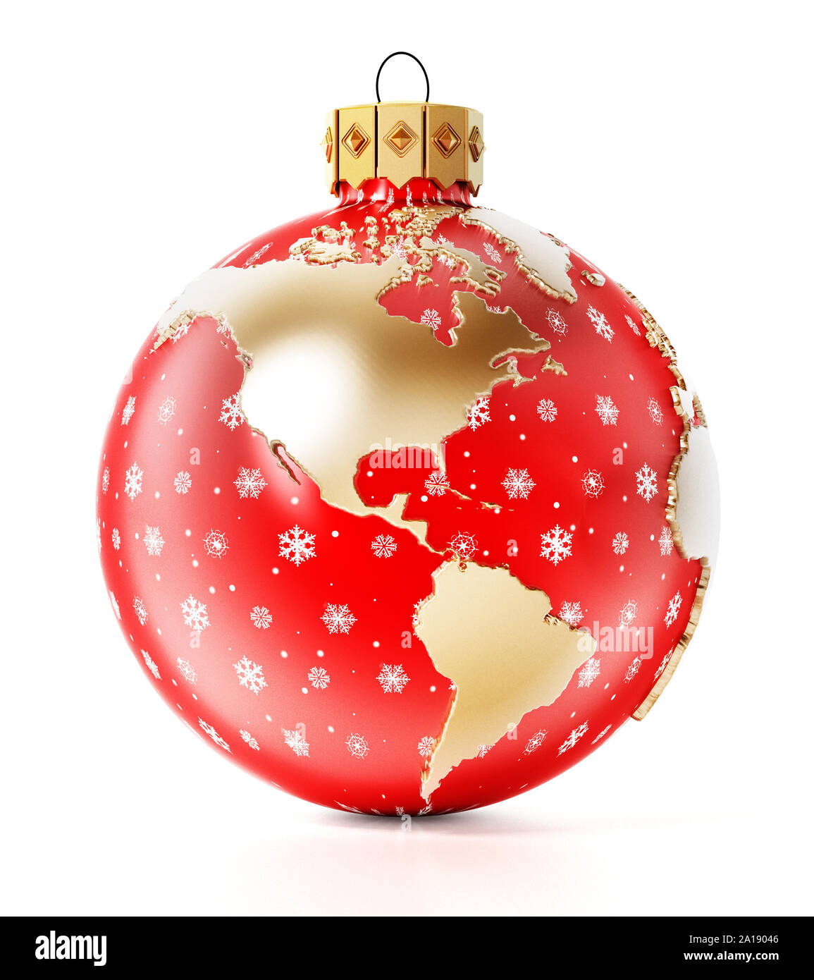 Weihnachtskugel mit Erde Karte auf weißem Hintergrund. 3D-Rendering. Stockfoto