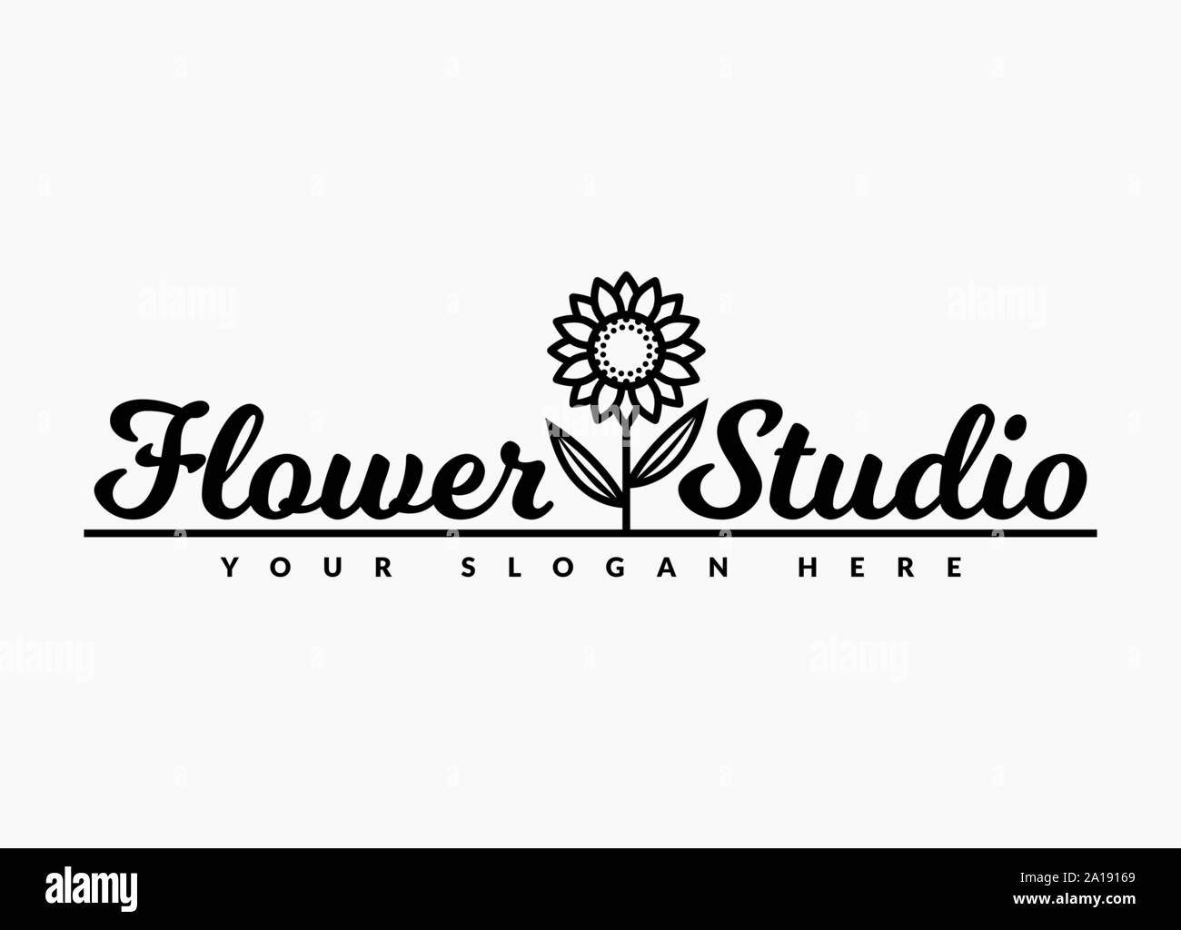 Blumen studio Logo. Vektor sonnenblume Emblem auf einem weißen Hintergrund. Stock Vektor