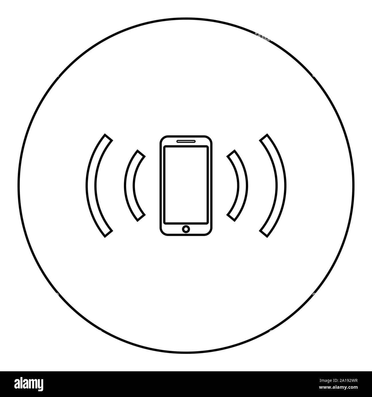 Smartphone sendet Funkwellen Schallwelle emittierenden Wellen Konzept Symbol im Kreis runde Kontur schwarz Vector Illustration Flat Style simple Image Stock Vektor