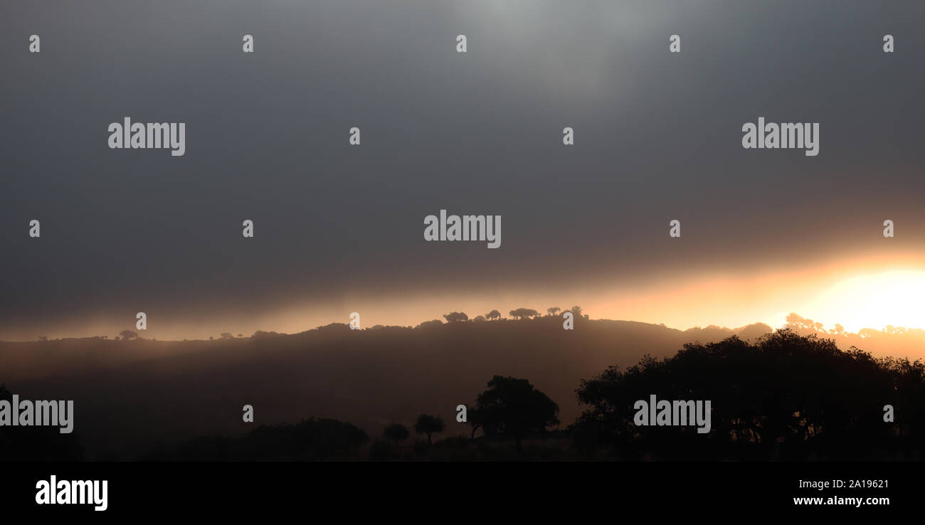 Eine atmosphärische misty Sonnenaufgang von der kleinen Alentejo Weiler von Aires, Osteuropa Portugal Stockfoto