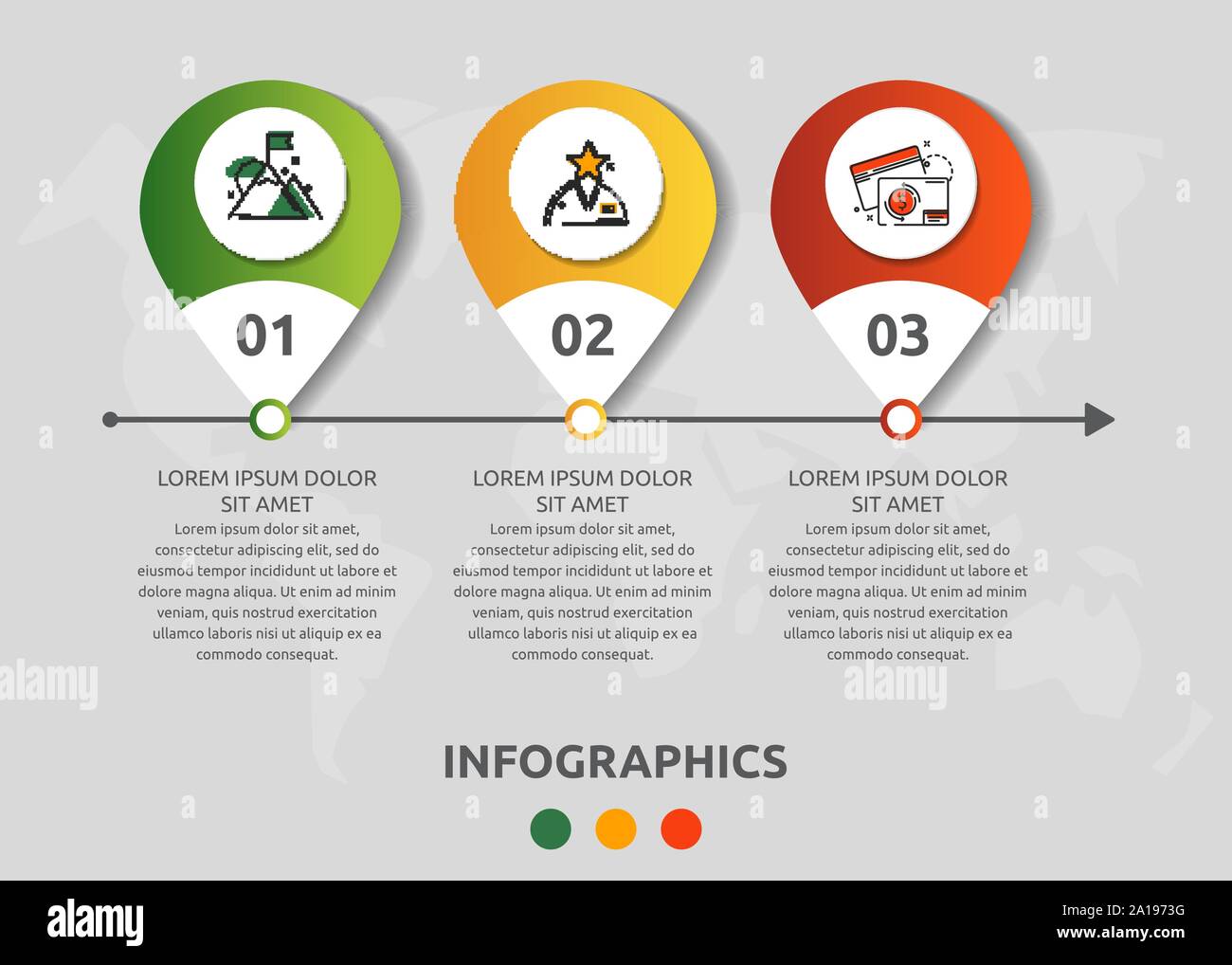 Vektor modernen Infografik flachbild Vorlage pin für drei Papieretikett, Diagramm, Grafik, Präsentation. Business Konzept mit 3 Optionen und markiert. Leere spac Stock Vektor