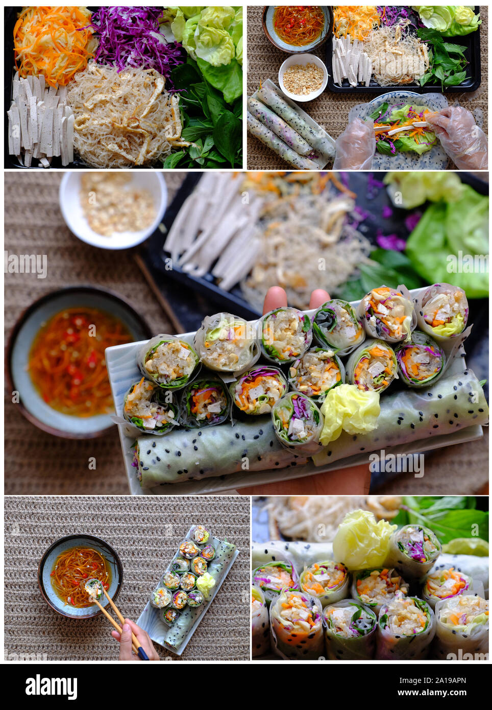 Lebensmittelindustrie vegetarische Reis Papierrollen aus bunten Gemüse wie Karotten, Kohl, Tofu, Nudeln, Salat, Erdnuß, Vietnamesische Frühlingsrolle für h Stockfoto
