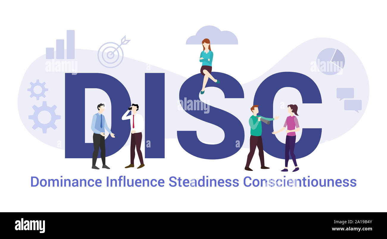 Disc Dominanz Einfluss Stetigkeit conscientiouness Konzept mit großen Word oder Text und Team Menschen mit modernen Flat Style-Vector Illustration Stockfoto