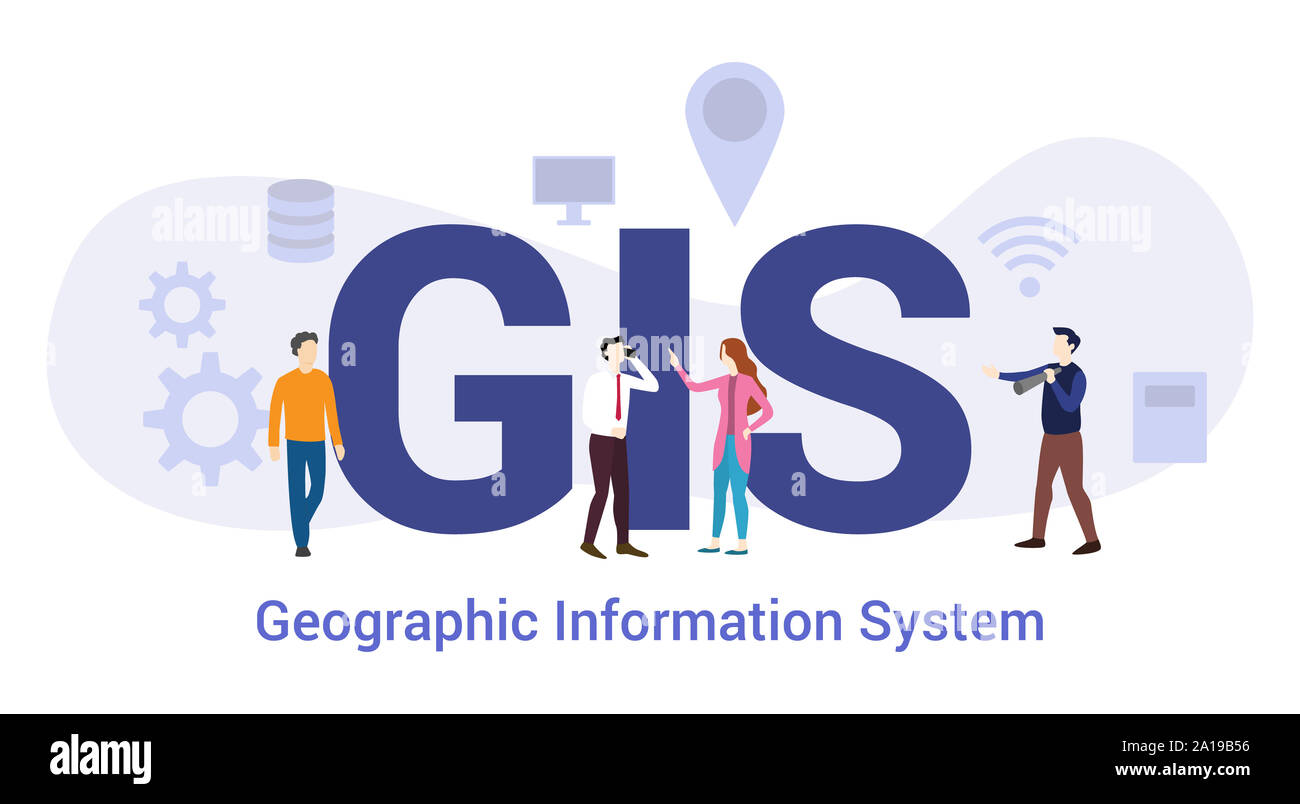 Gis geografisches Informationssystem Konzept mit großen Word oder Text und Team Menschen mit modernen Flat Style-Vector Illustration Stockfoto