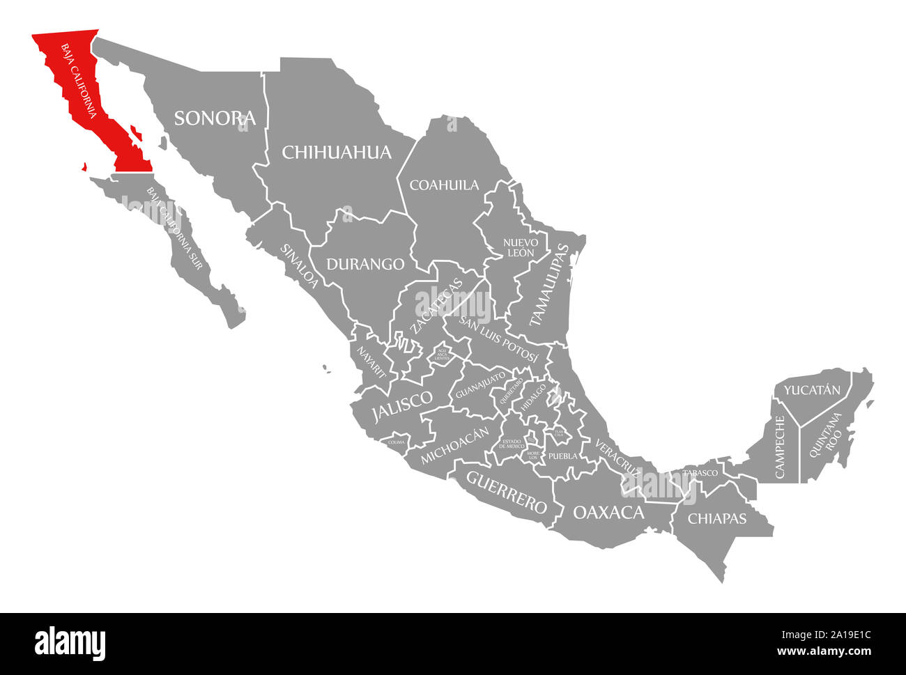 Baja California in Rot hervorgehoben Karte von Mexiko Stockfoto