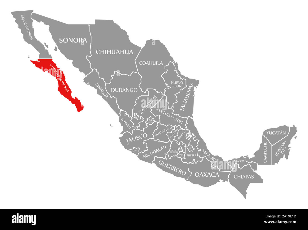 Baja California Sur rot hervorgehoben Karte von Mexiko Stockfoto