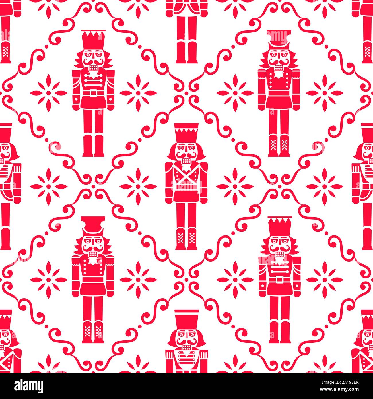 Weihnachten Nussknacker Vektor nahtlose Muster - Xmas Soldat Figur sich wiederholende Rot und Weiß Ornament, textile Design Stock Vektor