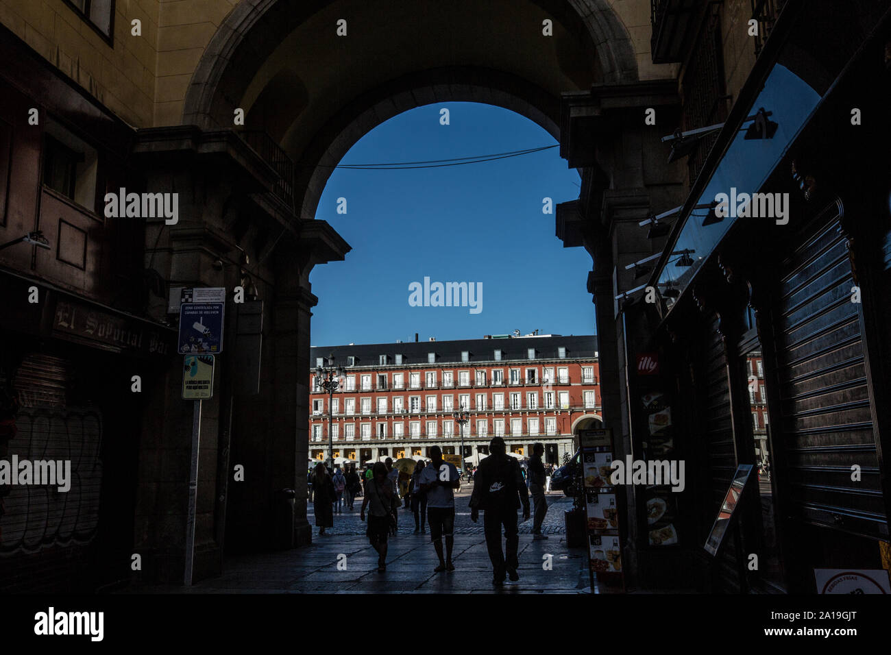 Plaza Mayor, im Herzen von Madrid, die Hauptstadt von Spanien, Europa Stockfoto