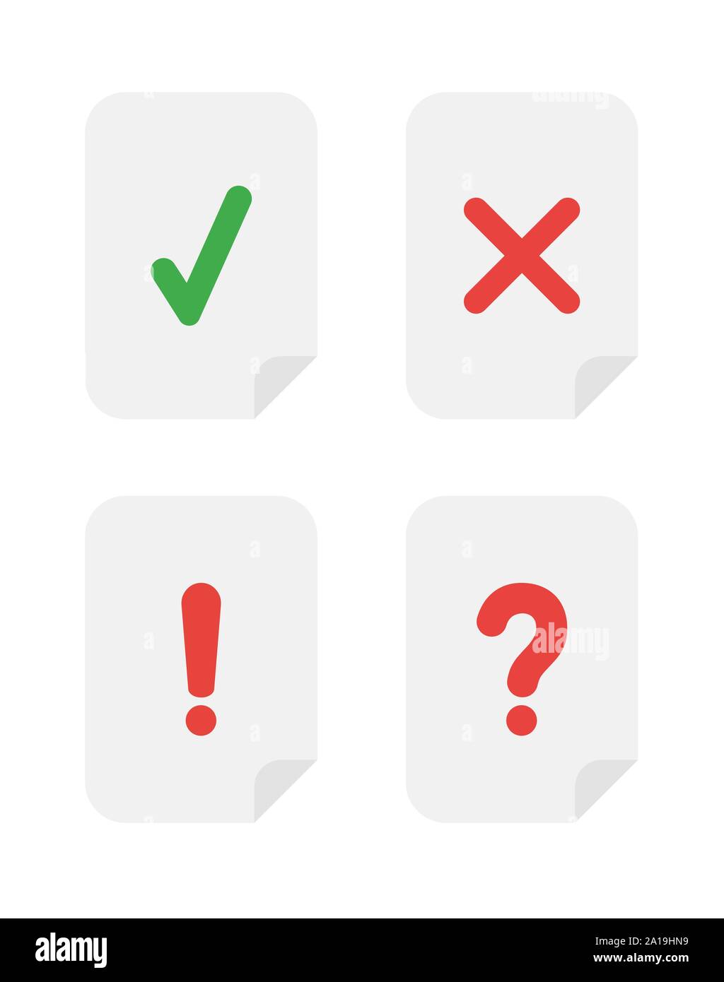Vektor Icon Set von Papieren mit Häkchen, x Mark, Ausrufezeichen und Fragezeichen. Flachen farbe Stil. Stock Vektor